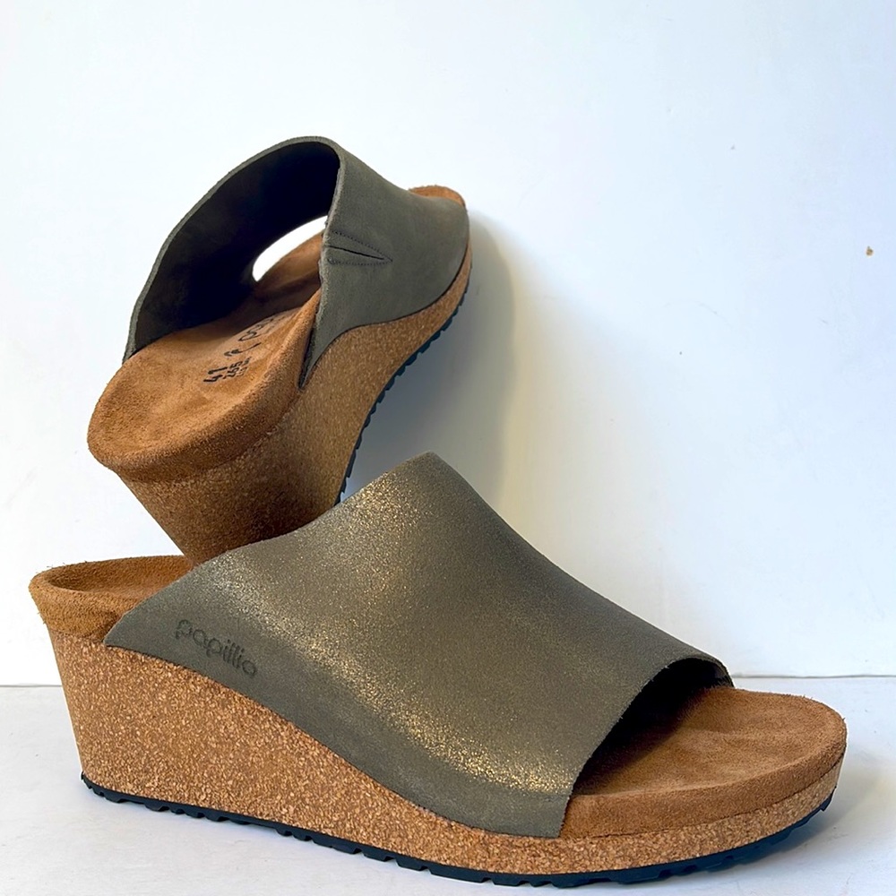 Papillio by Birkenstock Namica Washed Metallic Leather Cork Wedge Slide Sandal